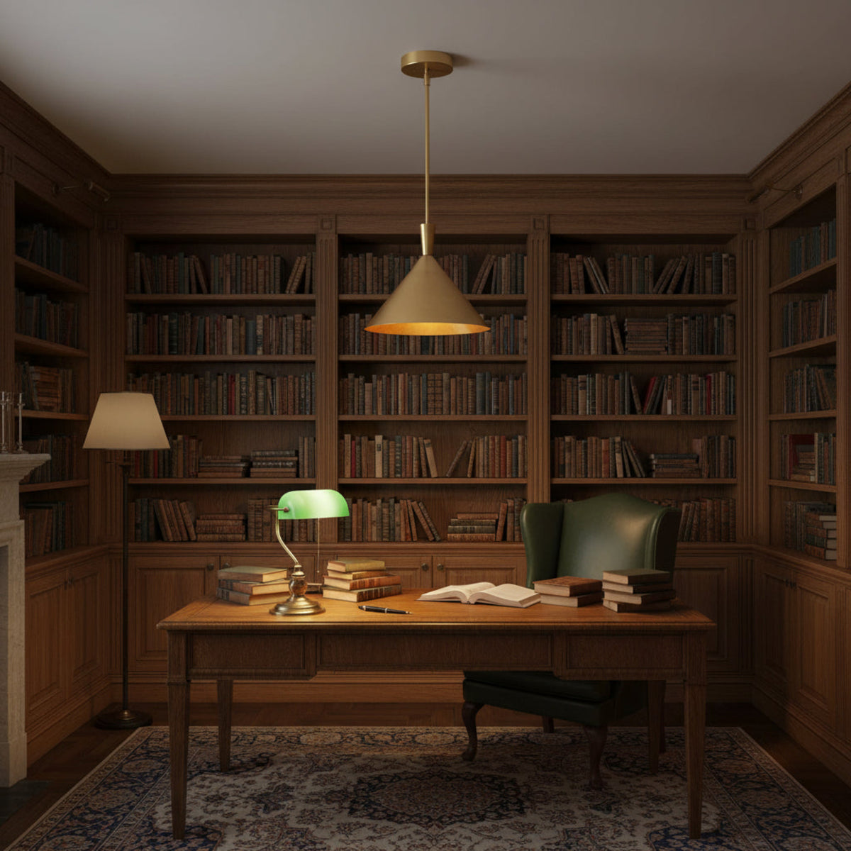 A brass pendant light with a conical shade, shown with dimension labels indicating a height of 20 inches and a width of 6.5 inches.