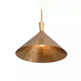 A modern pendant light with a wide-brimmed, cone-shaped metallic shade in a warm copper or bronze finish, suspended by a slim matching rod against a plain white background.