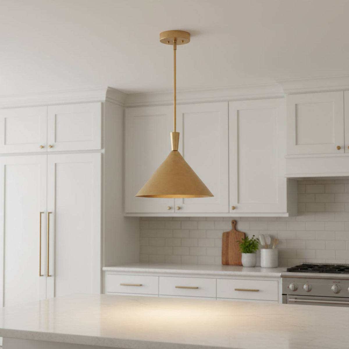 A brass pendant light with a conical shade, shown with dimension labels indicating a height of 20 inches and a width of 6.5 inches.