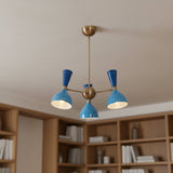 A three-light chandelier with blue cone-shaped shades and a bronze-finished metal frame, shown with dimension arrows and labels indicating a width of 23.7 inches and a height of 15.