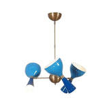A mid-century modern 3-light ceiling fixture with a brushed brass/gold metal frame and blue enamel shades, shown against a plain white background.