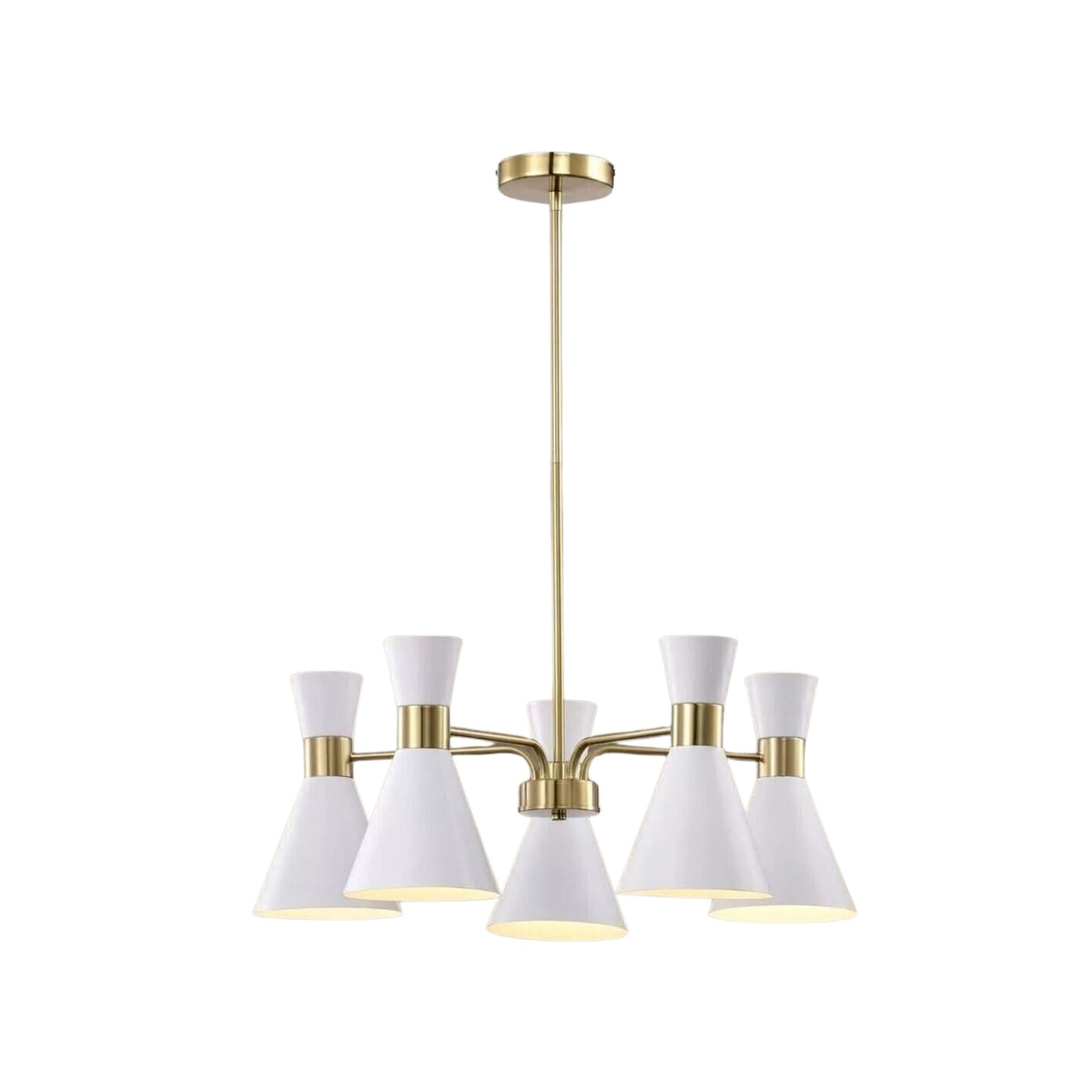 A modern 5-light chandelier with a brushed gold metal frame and white tapered glass shades, shown against a plain white background.