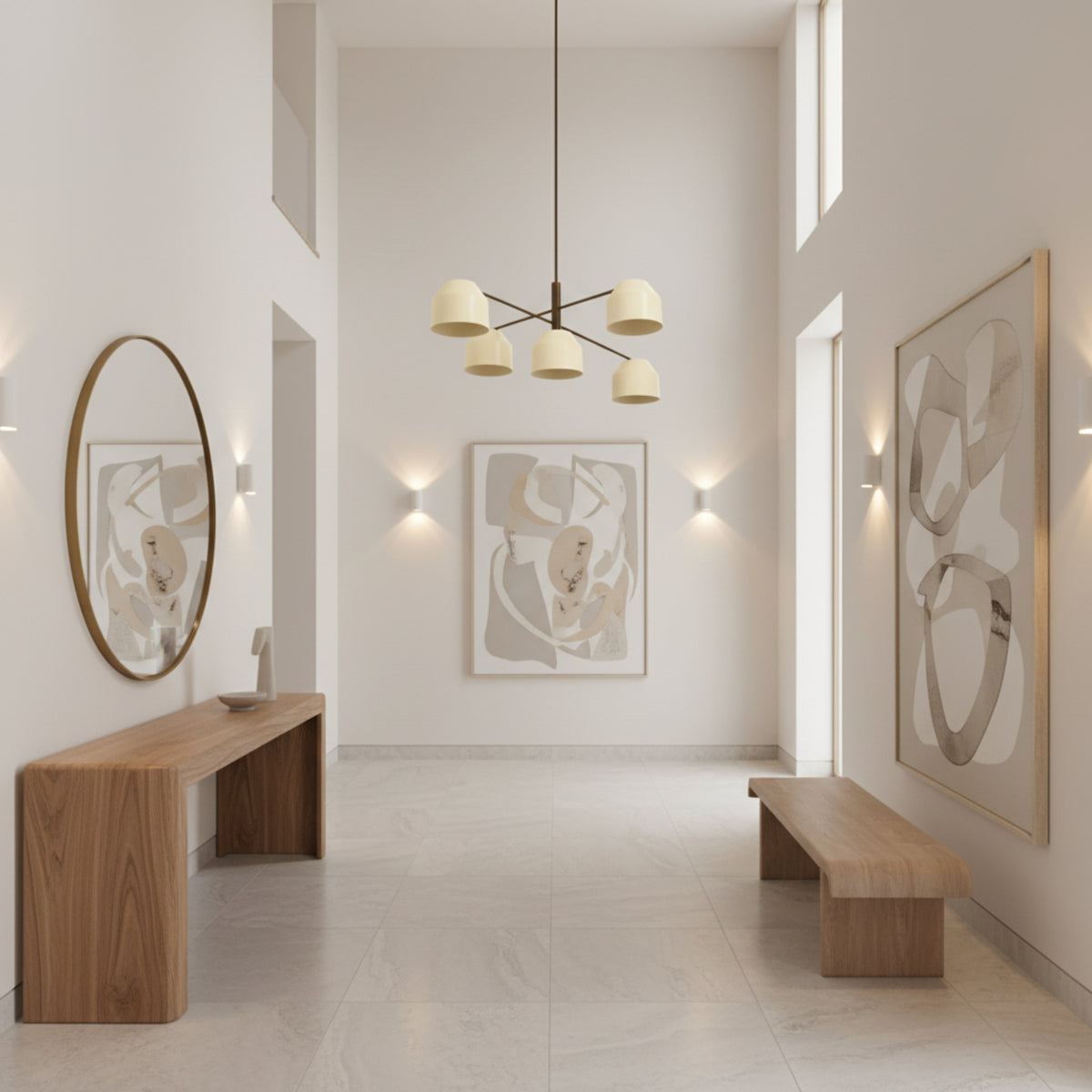 A modern 5-light chandelier with cream-colored dome-shaped shades and a dark brown metal frame, shown against a plain white background.