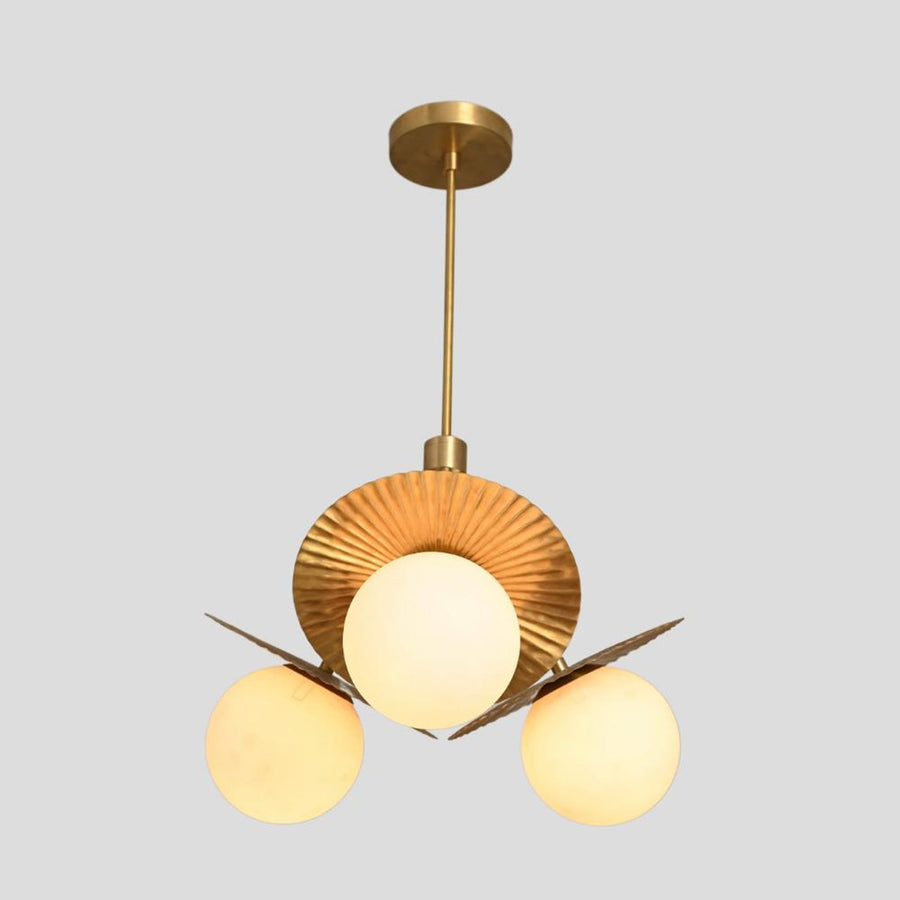 Elegant Brass Disc Chandelier with 3 Globe Lights – Handmade Pendant by Brass Leaf Studio 62407