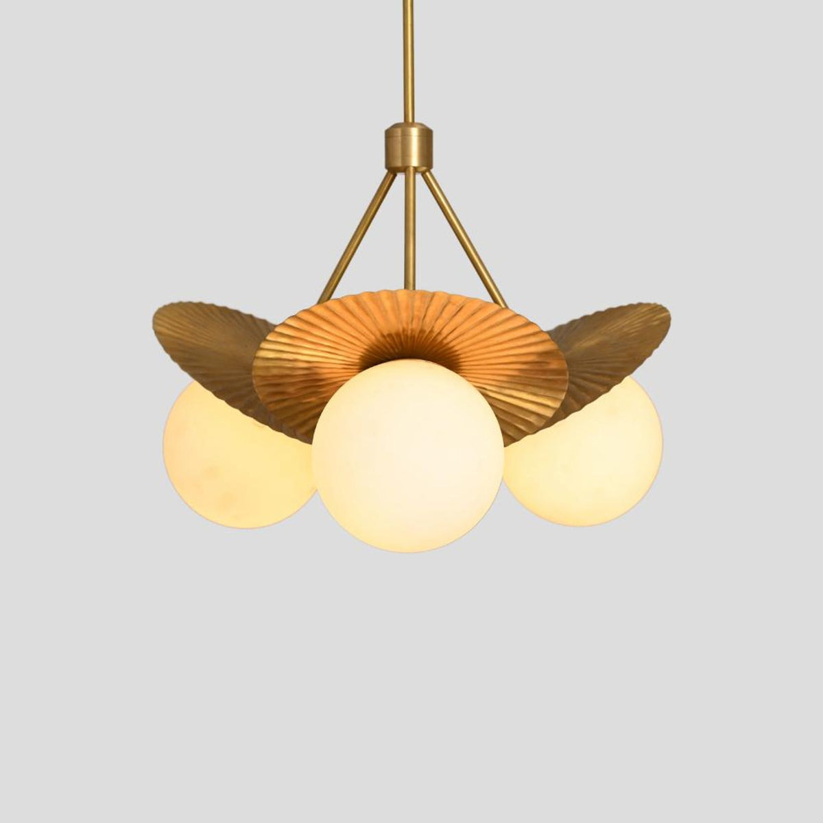 Elegant Brass Disc Chandelier with 3 Globe Lights – Handmade Pendant by Brass Leaf Studio 62407