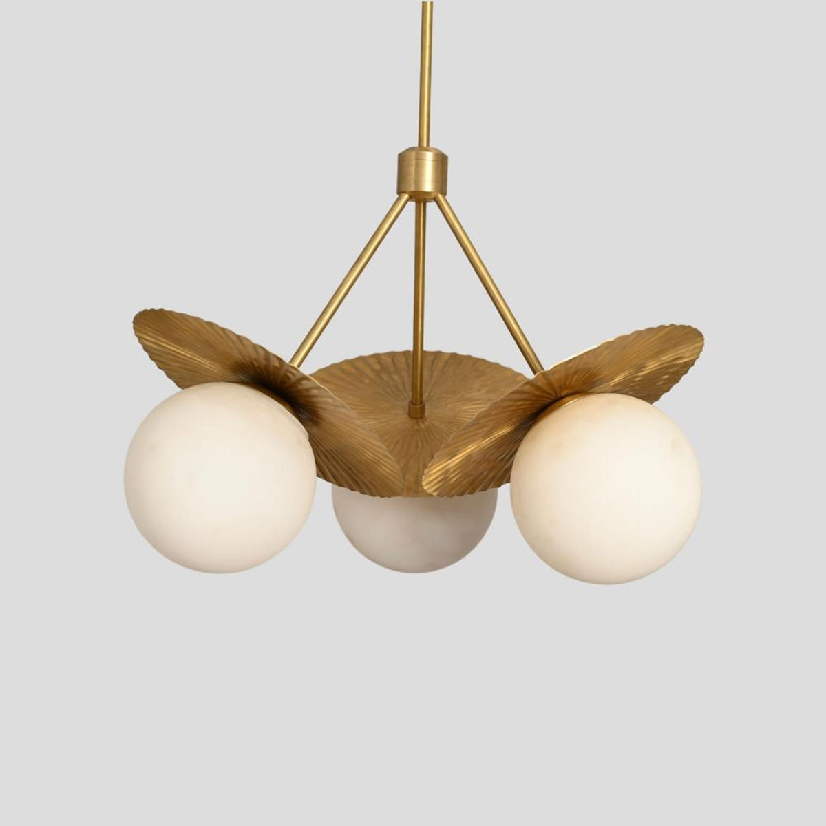 Elegant Brass Disc Chandelier with 3 Globe Lights – Handmade Pendant by Brass Leaf Studio 62407