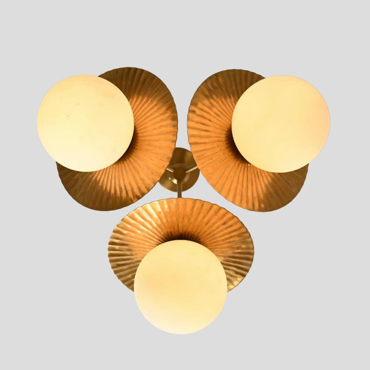 Elegant Brass Disc Chandelier with 3 Globe Lights – Handmade Pendant by Brass Leaf Studio 62407