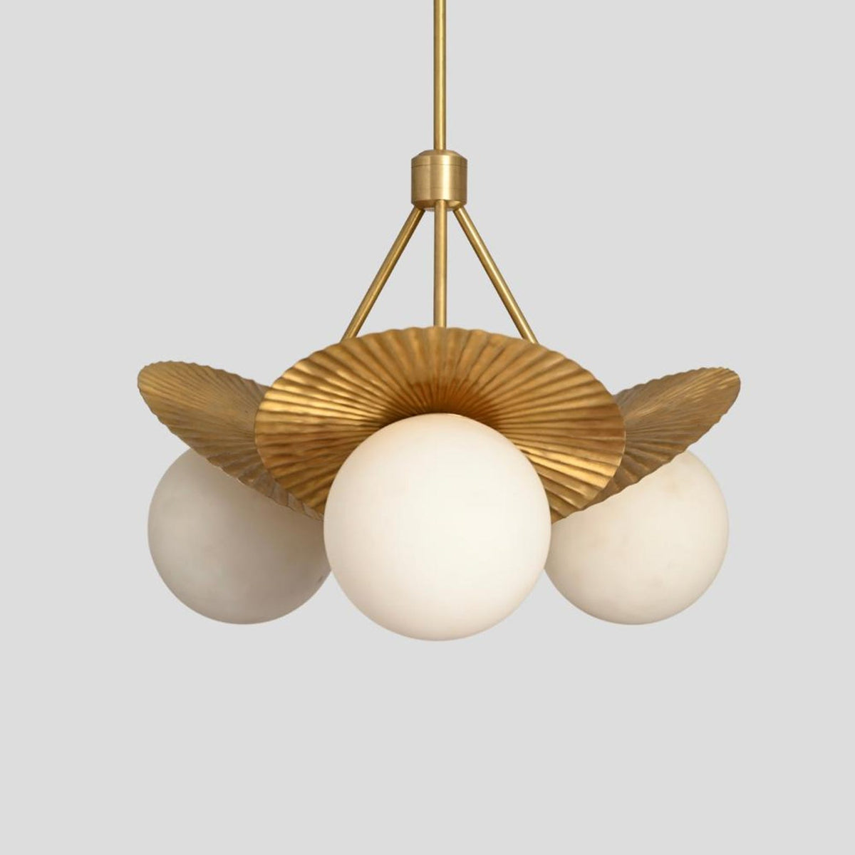 Elegant Brass Disc Chandelier with 3 Globe Lights – Handmade Pendant by Brass Leaf Studio 62407