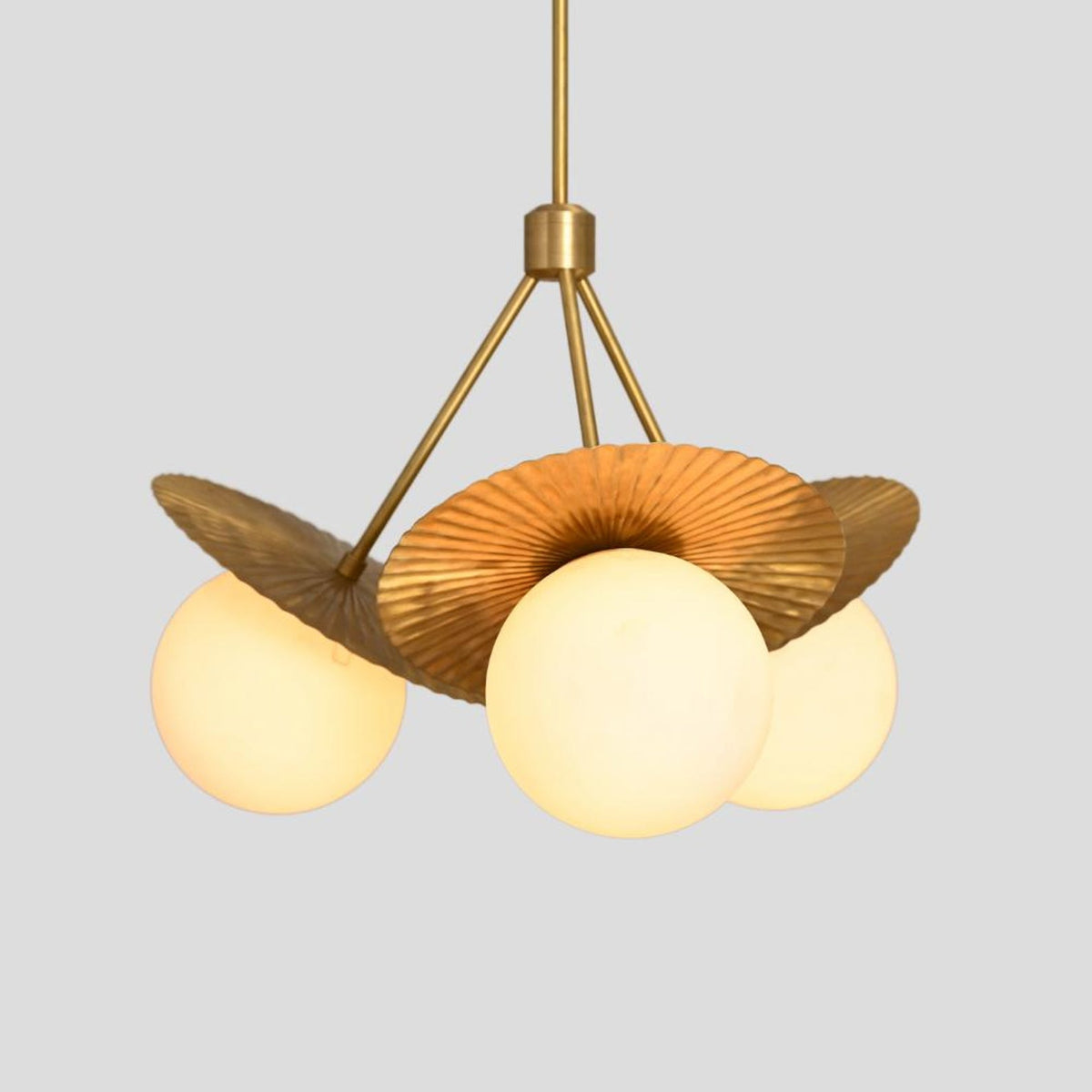 Elegant Brass Disc Chandelier with 3 Globe Lights – Handmade Pendant by Brass Leaf Studio 62407