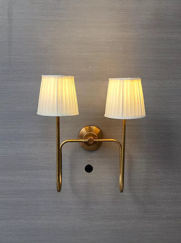 Elegant Brass Double Arm Wall Sconce with Fabric Shades – Handmade Modern Lighting Fixture by Brass Leaf Studio 62503