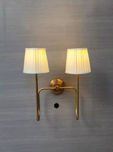 Elegant Brass Double Arm Wall Sconce with Fabric Shades – Handmade Modern Lighting Fixture by Brass Leaf Studio 62503