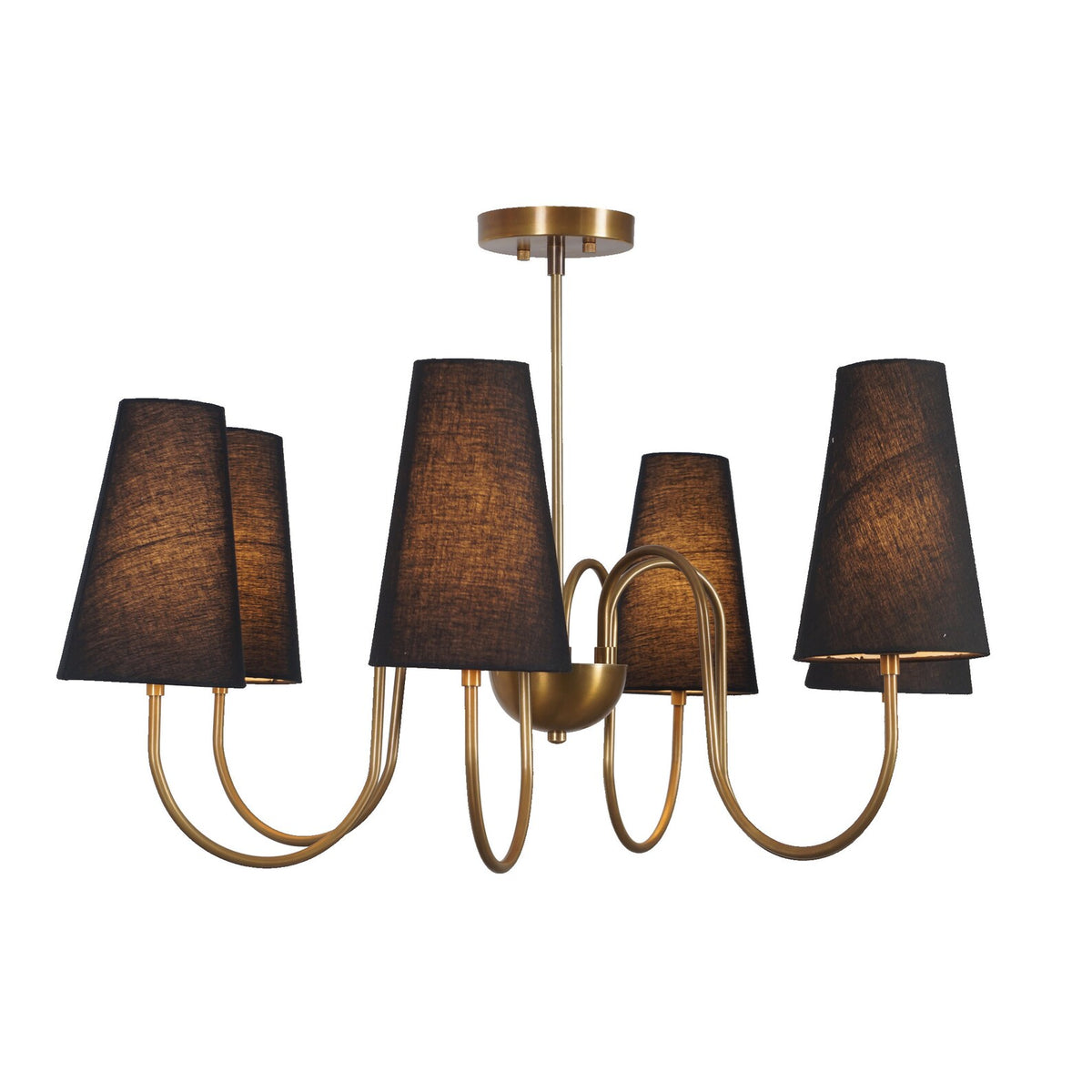 Side view of a 6-light brass chandelier with black fabric shades, showcasing smooth arched arms and contemporary craftsmanship.