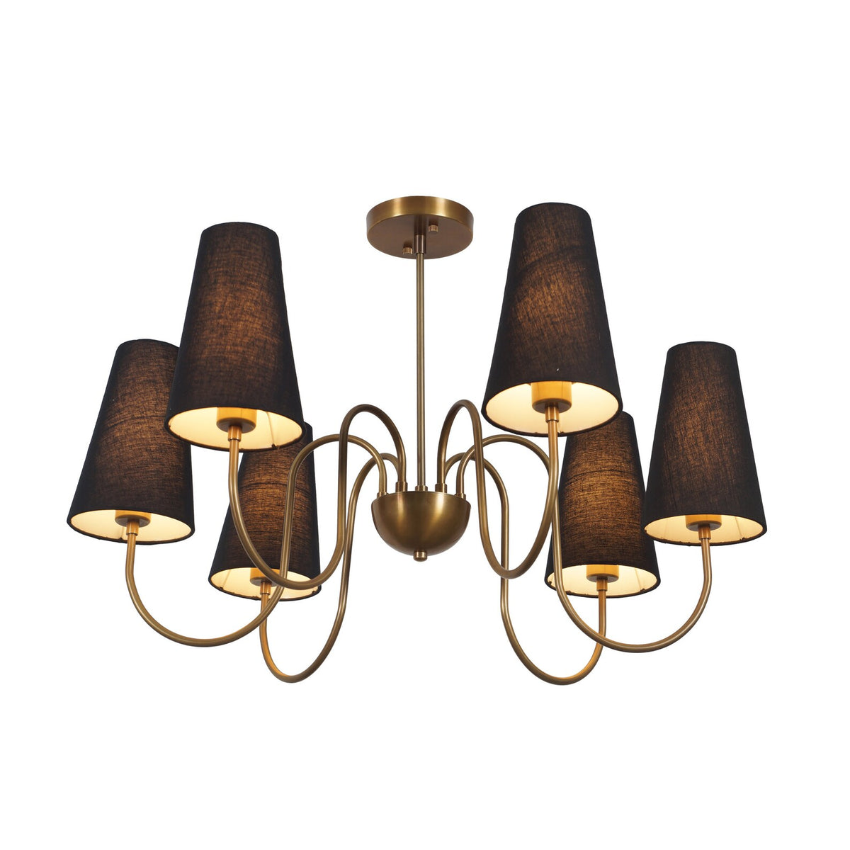 Full front view of a modern brass chandelier featuring six conical black fabric lampshades and curved arms in a symmetrical design.