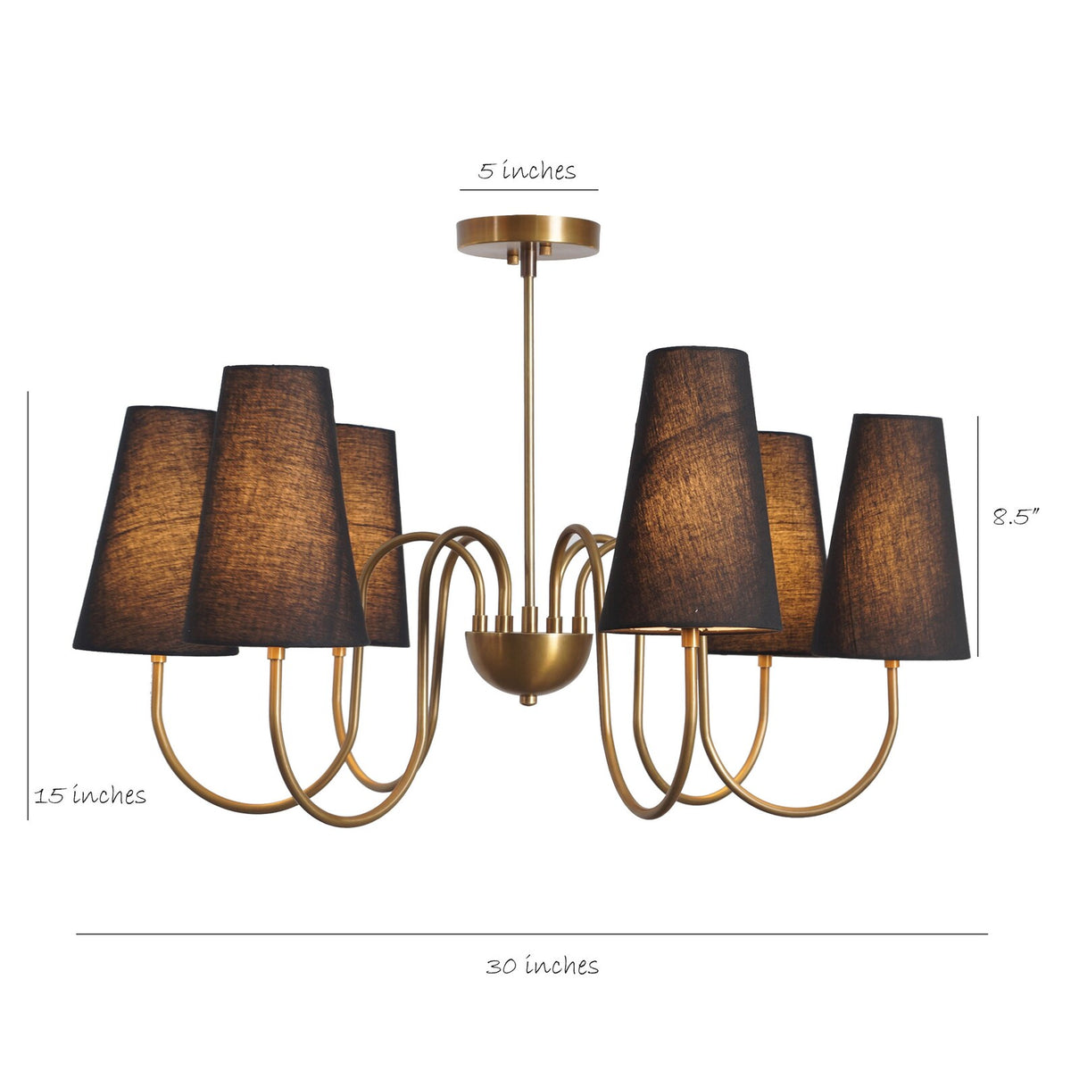 Modern brass chandelier with six black shades, dimension view showing 30-inch width and 15-inch height, perfect for dining or living rooms.