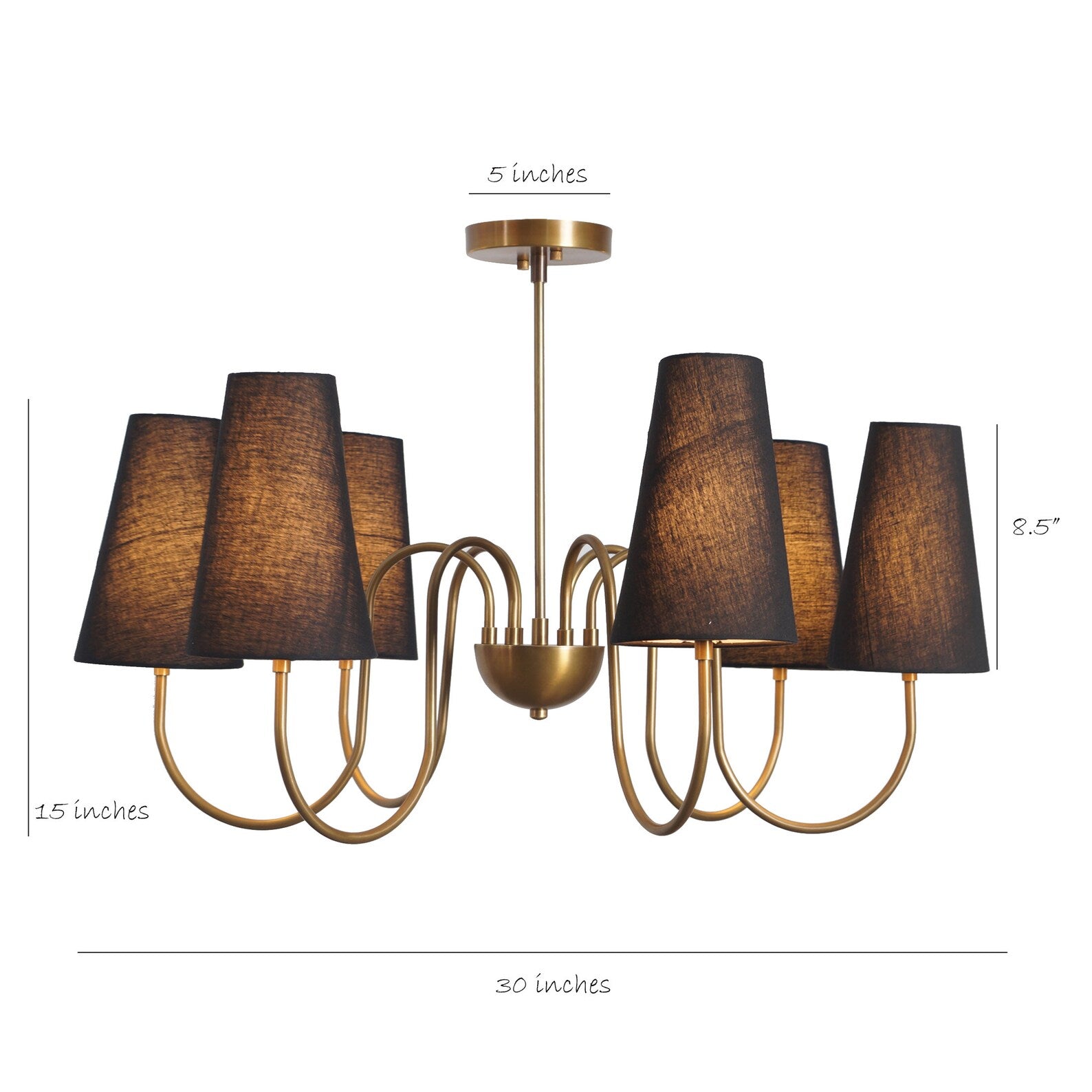 Size guide for Modern Brass Chandelier with Black Fabric Shades – 6-Light Handmade Ceiling Light by Brass Leaf Studio 62587