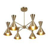 6-light double cone modern chandelier in brushed brass finish, handmade by Brass Leaf Studio