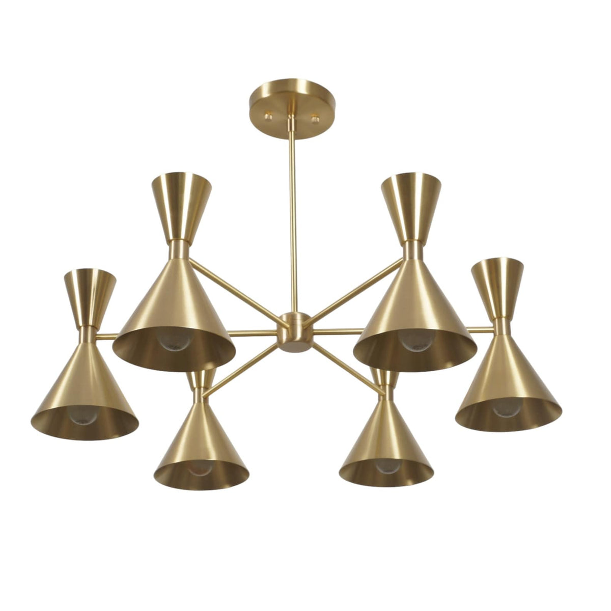 Solid brass chandelier with six double cone lampshades, mid-century modern ceiling light design