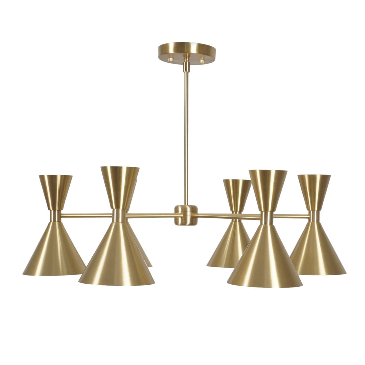 Side view of 6-light brushed brass chandelier featuring conical shades and central brass rod