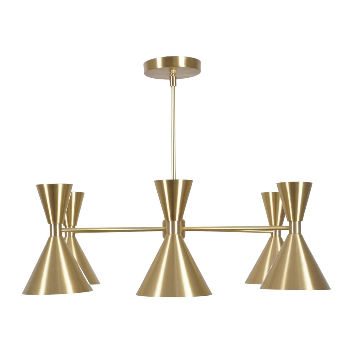Minimalist modern brass chandelier with six double cone shades, handcrafted ceiling fixture