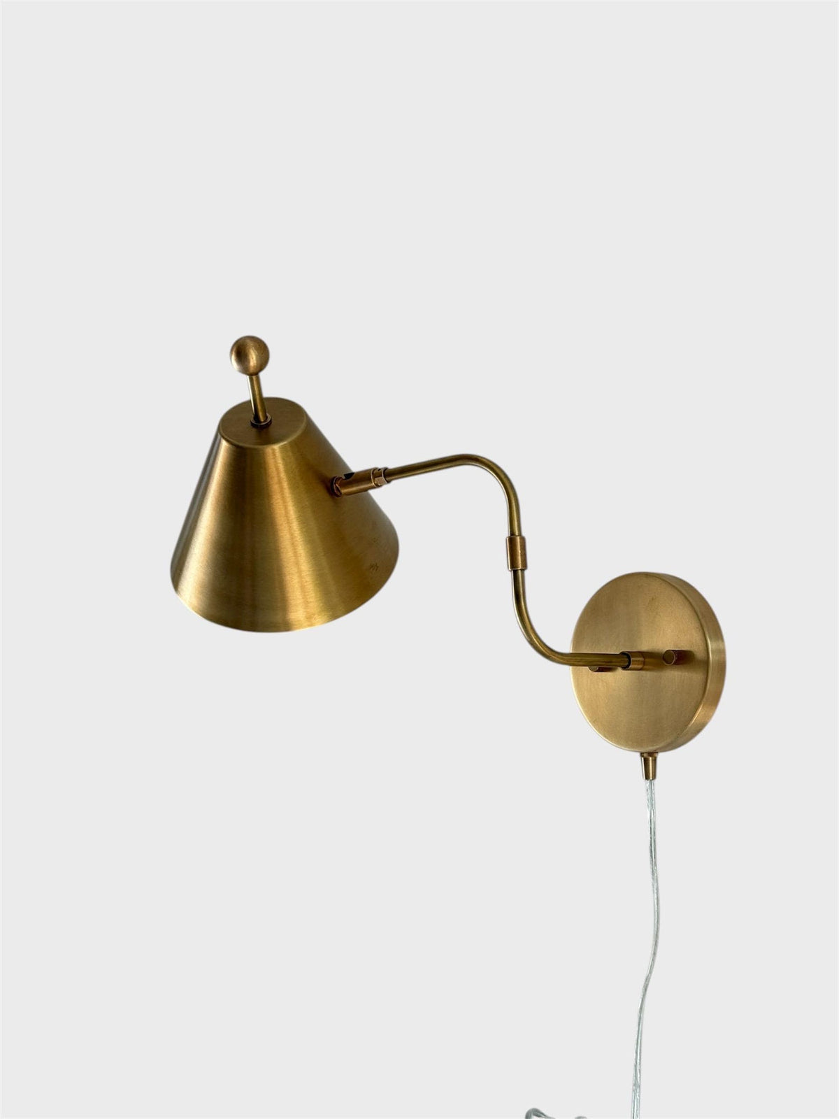 Solid Brass Cone Wall Sconce With Plug-In Cord, Brushed Satin Brass Finish, Adjustable Brass Wall Light For Bedroom Or Living Room