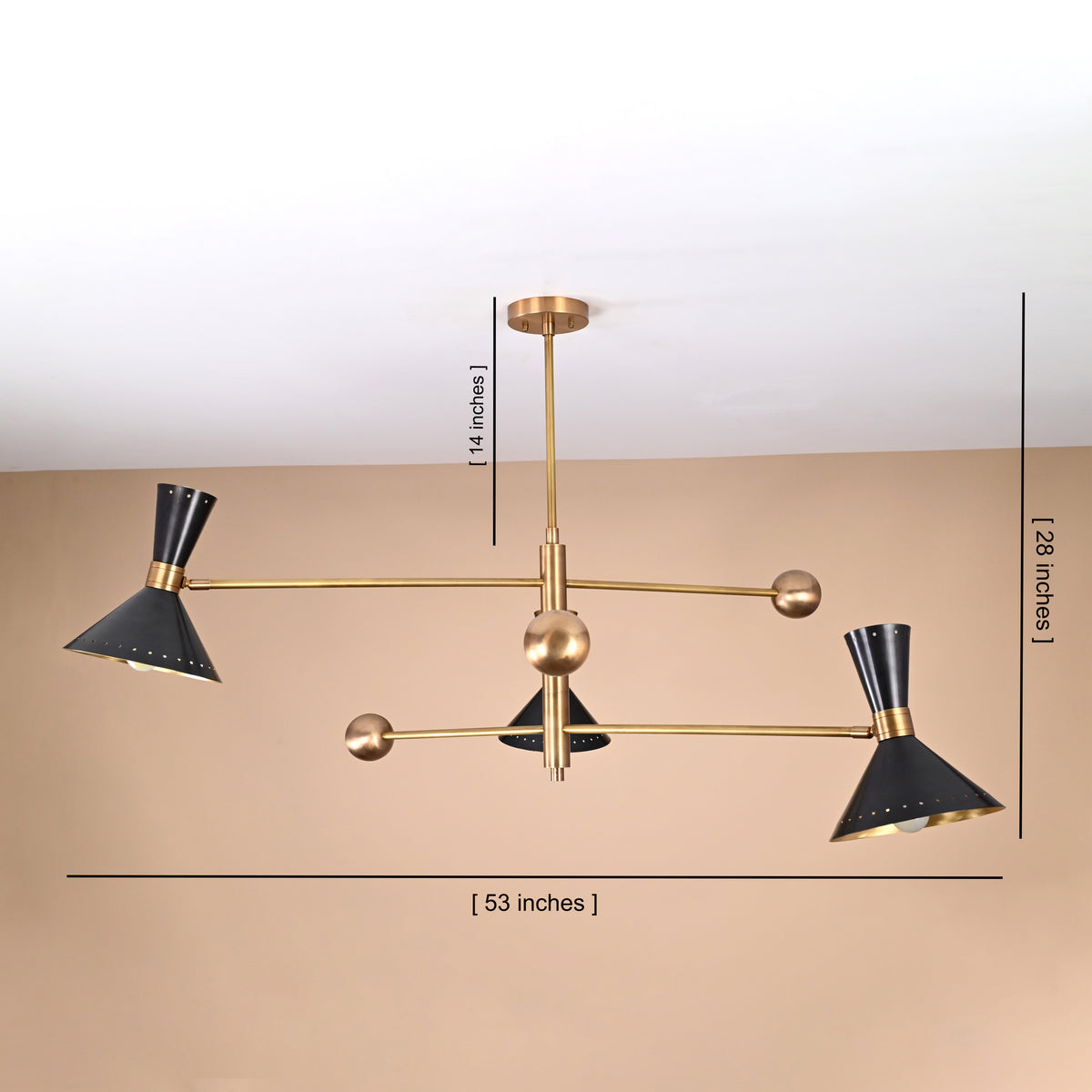 Brass and black 6 light cone shade chandelier with 53 inch width and 28 inch height dimensions