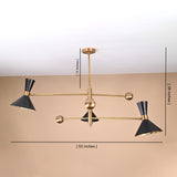 Brass and black 6 light cone shade chandelier with 53 inch width and 28 inch height dimensions
