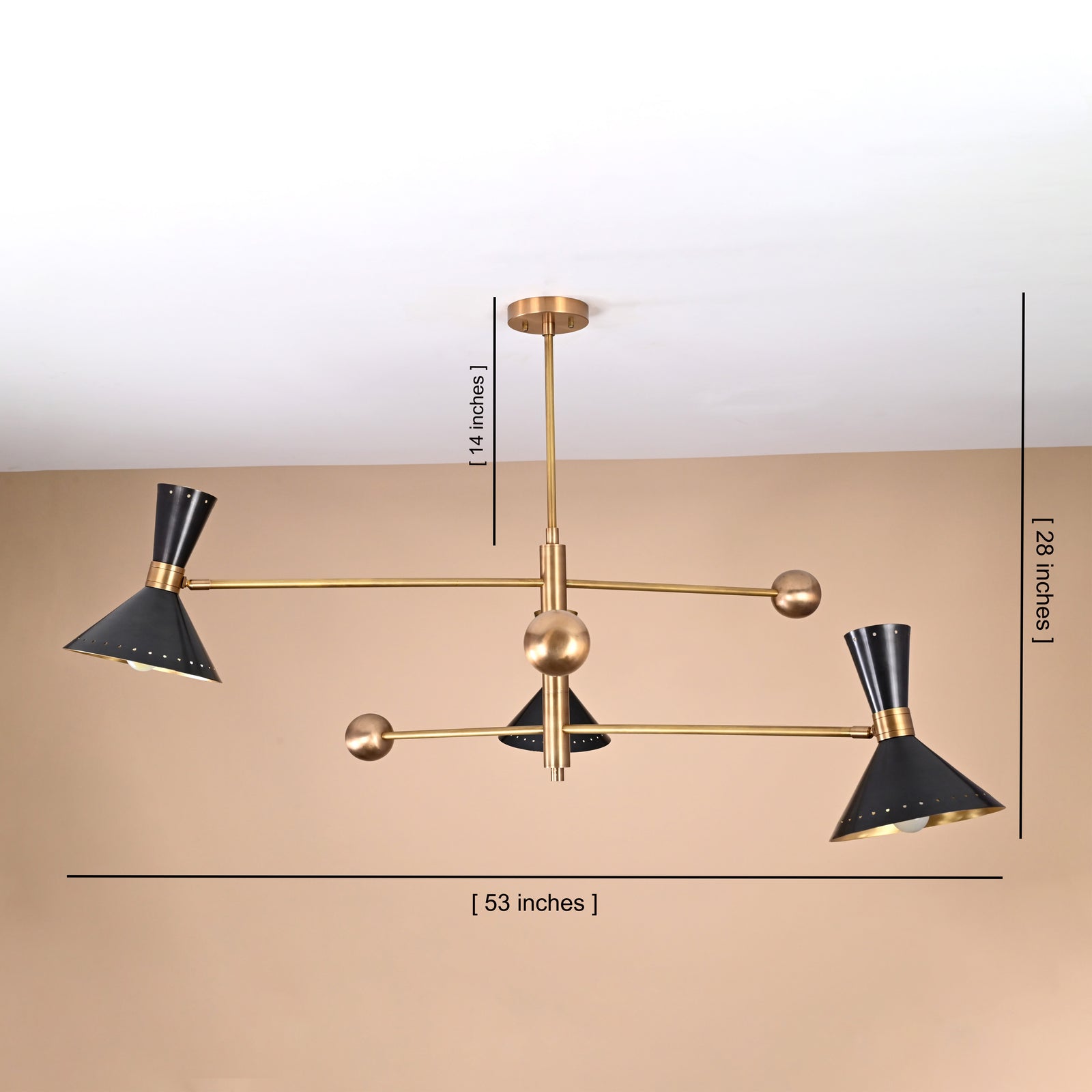 Size guide for 6 Lights 3 Arms Modern Brass Cone Shade Chandelier – Black & Brass Mid-Century Pendant by Brass Leaf Studio 32446