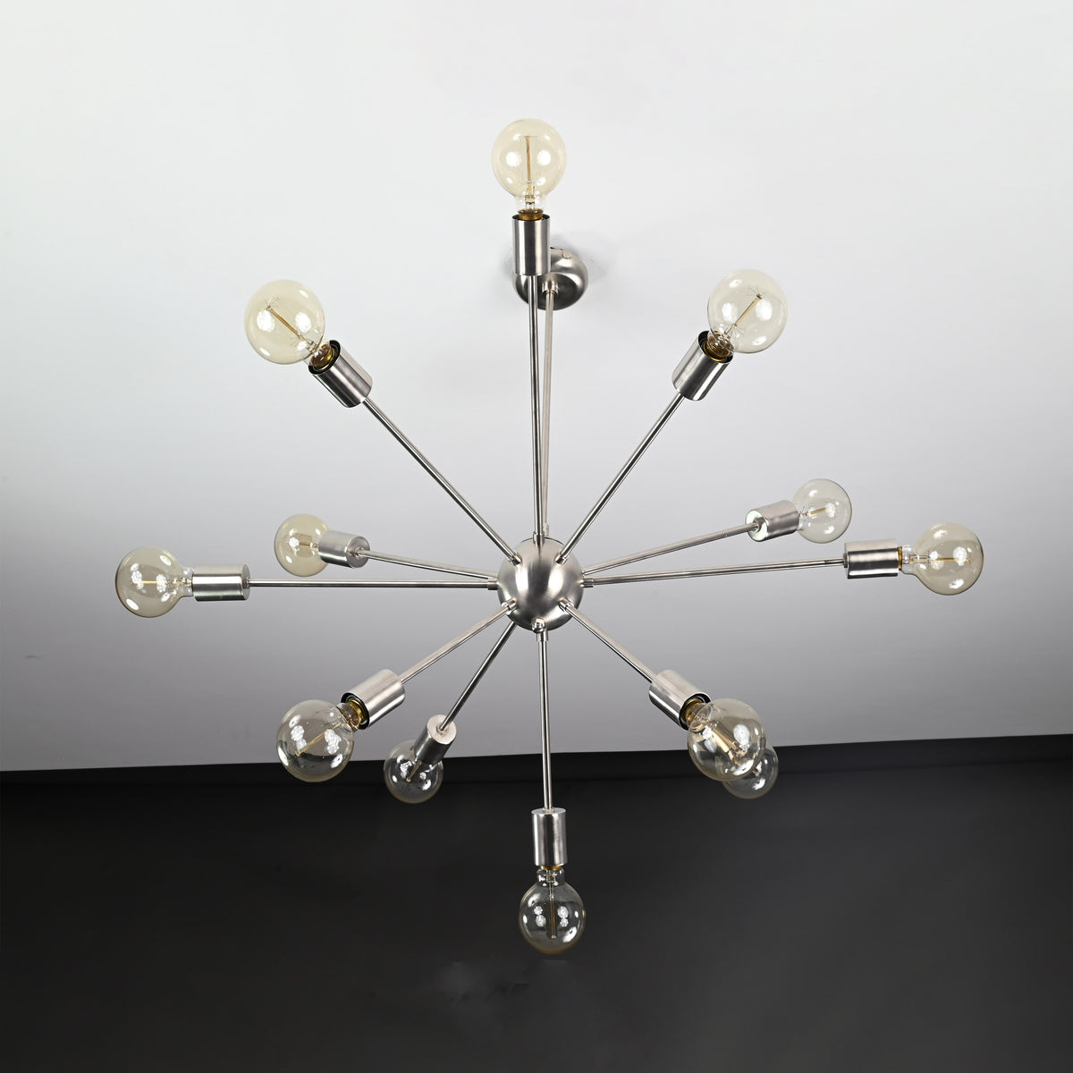 Modern 12-Light Brushed Steel Sputnik Chandelier – Minimalist Mid-Century Ceiling Fixture - 32153