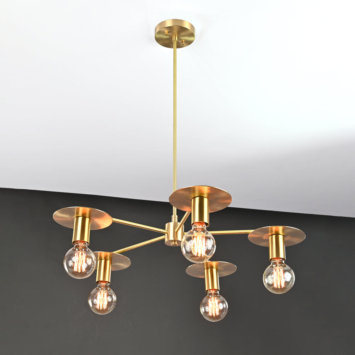 Retro 6-Light Brass Sputnik Chandelier – Vintage Ceiling Fixture with Wide Disc Shades - 32188