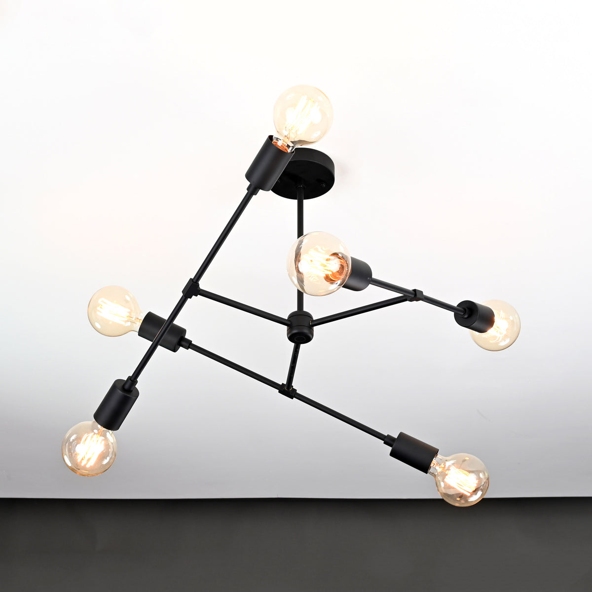 Modern 6-Light Black Chandelier – Asymmetrical Ceiling Fixture with Dual Globe Heads - 32197
