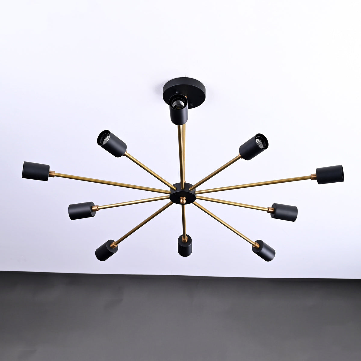 Radiant 12-Light Sputnik Chandelier – Black & Brass Mid-Century Modern Ceiling Fixture - 32198