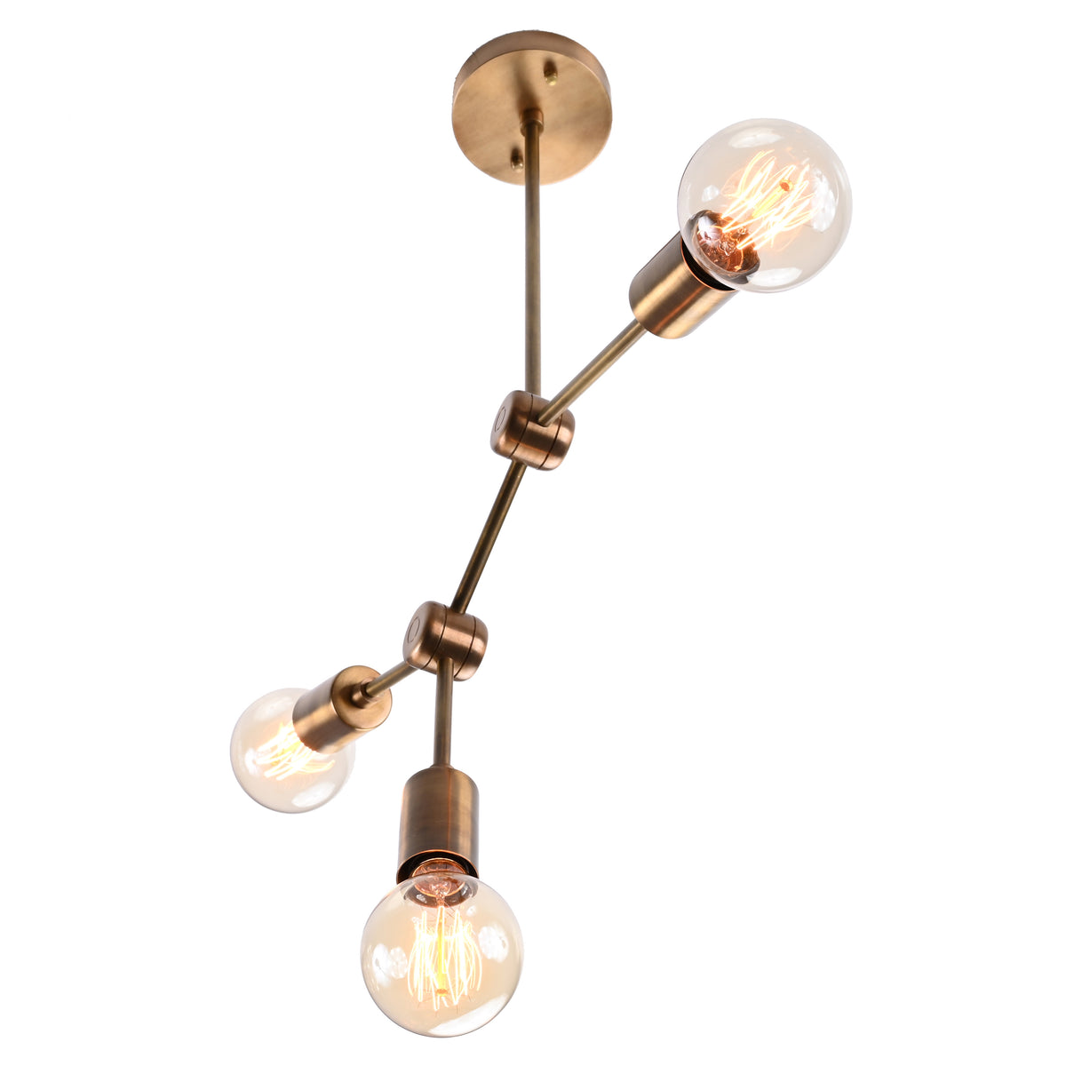 Modern 3-Light Antique Brass Chandelier – Asymmetrical Mid-Century Ceiling Fixture with Exposed Bulbs - 32202