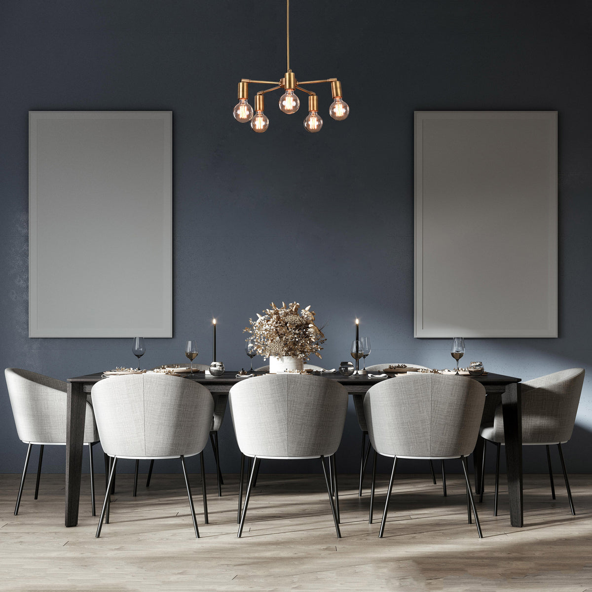 Modern 5-Light Brass Chandelier – Starburst Ceiling Fixture with Exposed Edison Bulbs - 32203