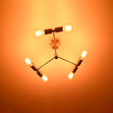 Modern 6-Light Brass Chandelier – Geometric Ceiling Fixture with Dual Cylinder Heads - 32207