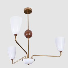 Mid-Century 4-Light Brass & Wood Chandelier – Sculptural Arm Fixture with Opal Glass Shades - 32215