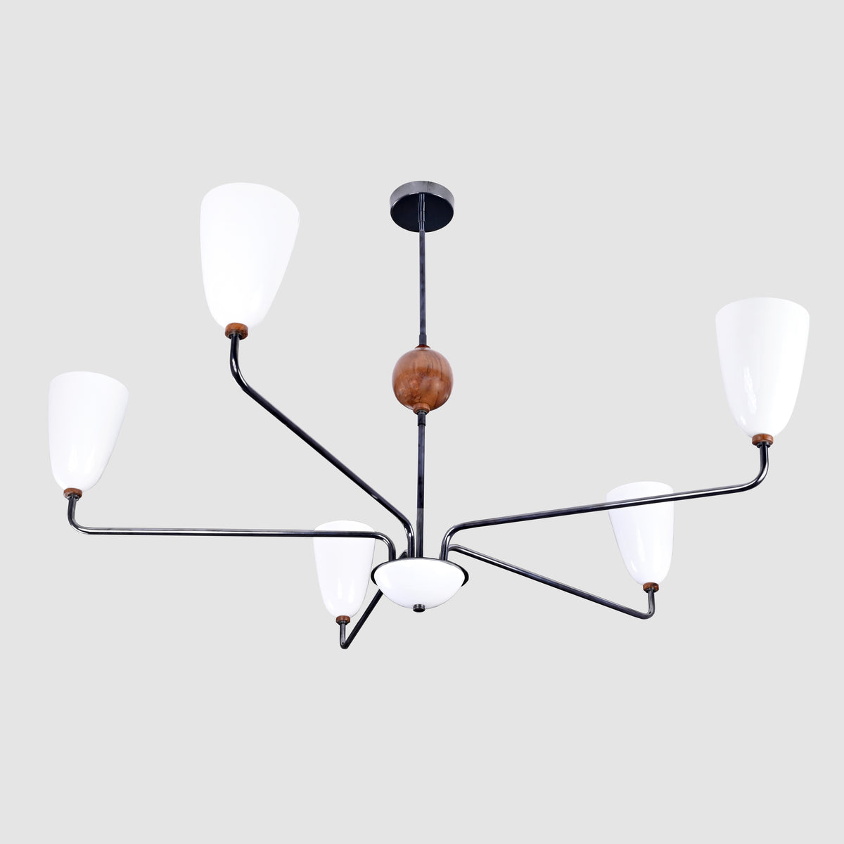Mid-Century 6-Light Black & Wood Chandelier – Sculptural Arm Fixture with Opal Glass Shades - 32216