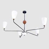 Mid-Century 6-Light Black & Wood Chandelier – Sculptural Arm Fixture with Opal Glass Shades - 32216