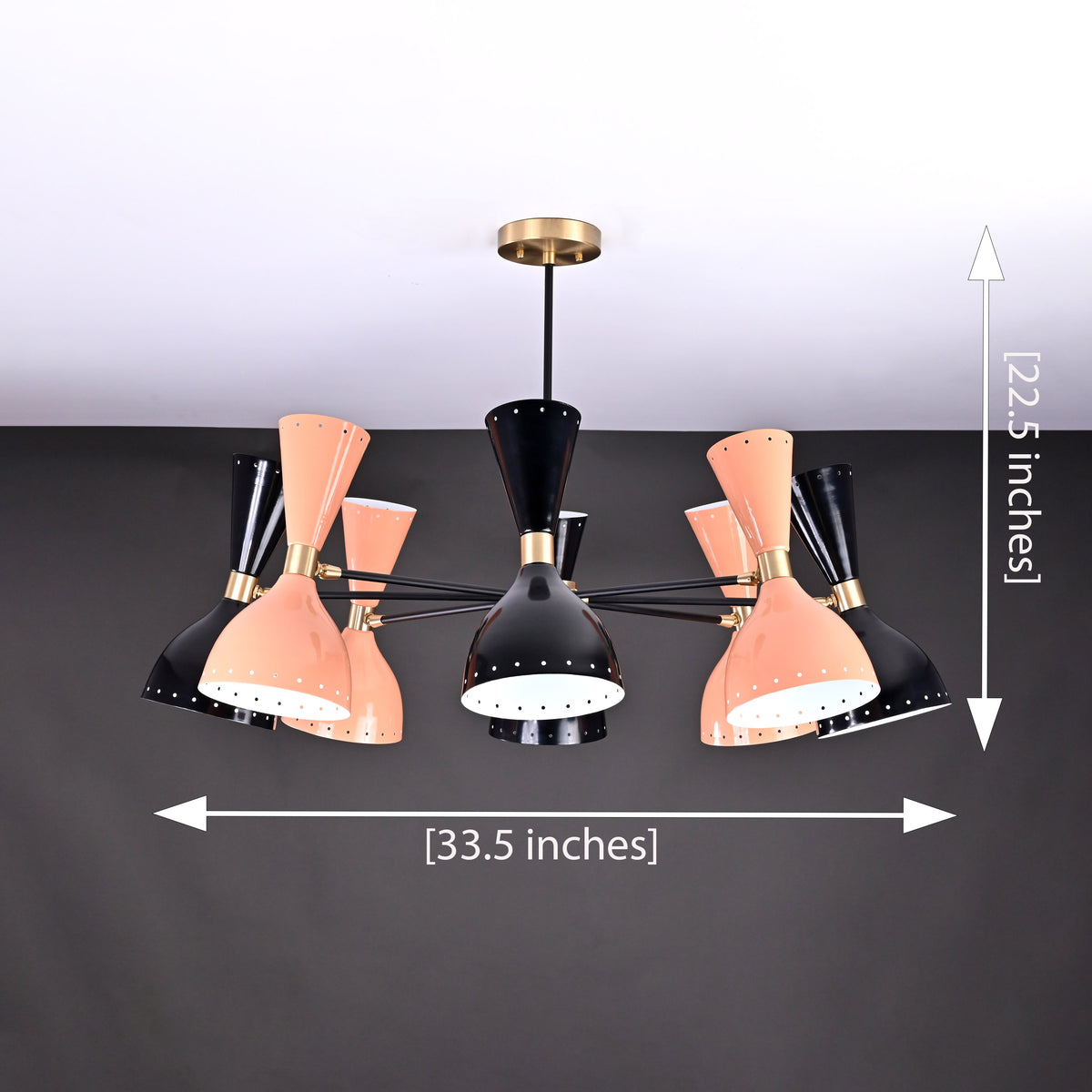 Modern 10-Light Chandelier – Mixed Coral & Black Double Cone Shades with Brass Frame - 32219
