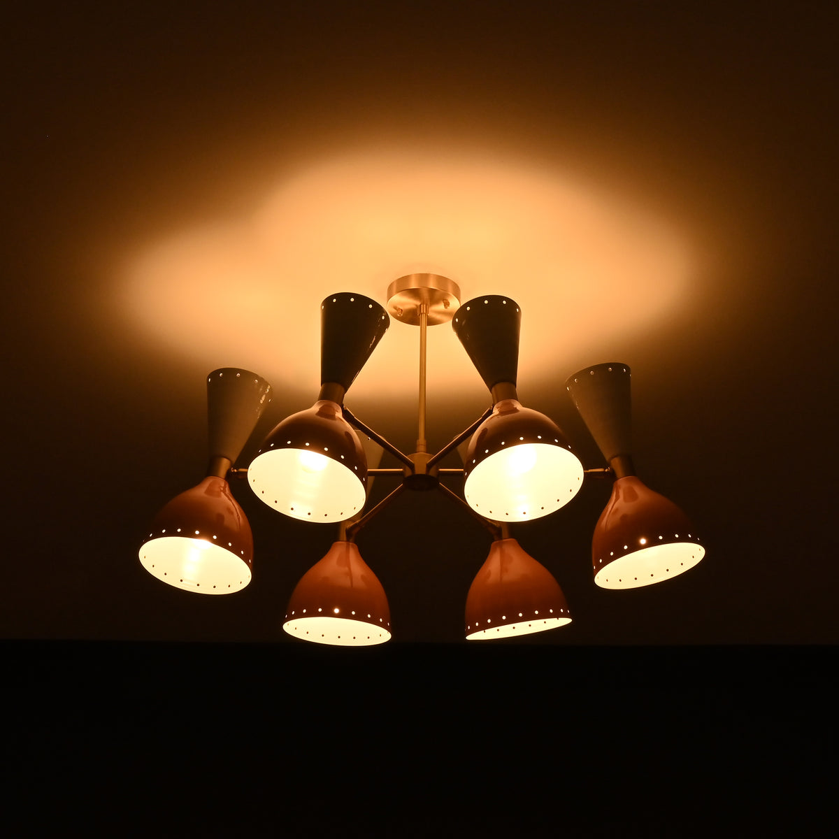 Modern 10-Light Chandelier – Brass Fixture with Coral & White Dual Cone Shades - 32220