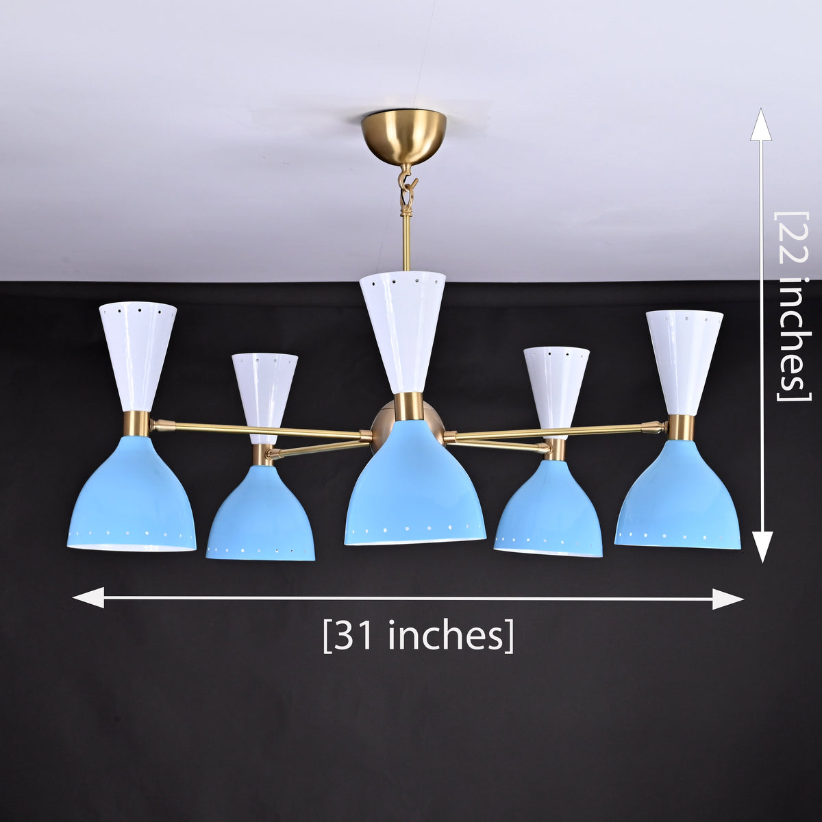 Diabolo Style Mid-Century Modern Chandelier – Customizable 5-Arm, 10-Light Ceiling Lamp Natural Brass or Copper Finish | Handcrafted Lighting Fixture - 32228