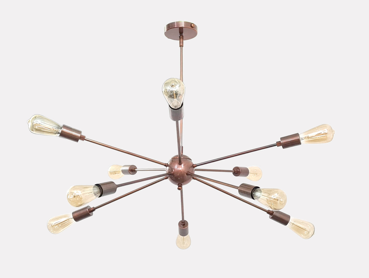 Warm Brass Bare Bulb Sputnik Chandelier – Industrial Mid-Century Modern Ceiling Pendant Light - 32140