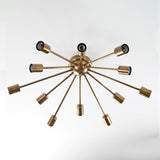 Antique Brass 12-Light Sputnik Chandelier – Industrial Mid-Century Flush Mount Starburst Ceiling Light Base - 32152