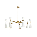 Front view of mid-century brass chandelier featuring eight white cone shades on a sleek linear frame for contemporary interior lighting.