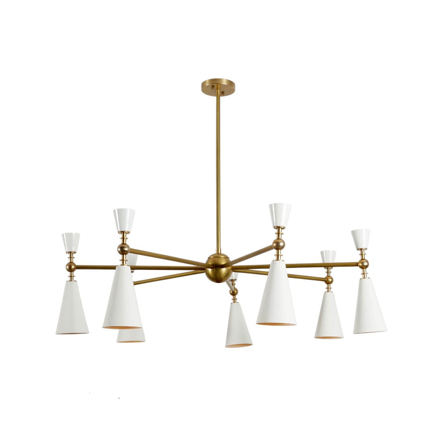 Modern 7-light chandelier with white cone shades and brass arms, combining geometric symmetry with mid-century modern elegance.
