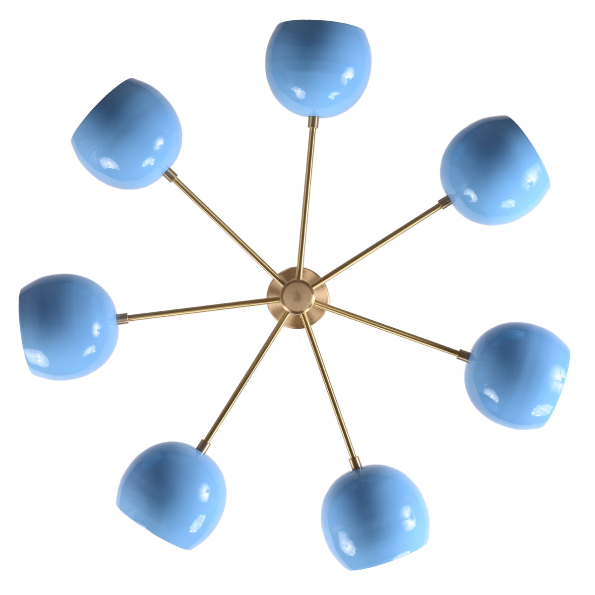 Bottom view of 7 bowl brass chandelier highlighting radial arm layout and blue glass bowls