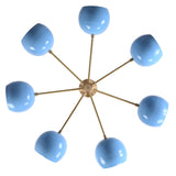 Bottom view of 7 bowl brass chandelier highlighting radial arm layout and blue glass bowls