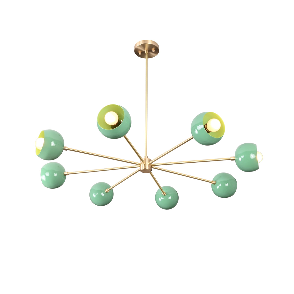 Bottom view of 7 bowl green brass sputnik chandelier highlighting symmetrical arm layout and bowl shaped shades