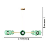 Side view of 7 bowl green brass chandelier showing 36 inch width and 26 inch height with solid brass construction