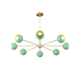 7 bowl green brass sputnik chandelier with brushed brass finish featuring modern bowl shades and balanced radial arms by Brass Leaf Studio