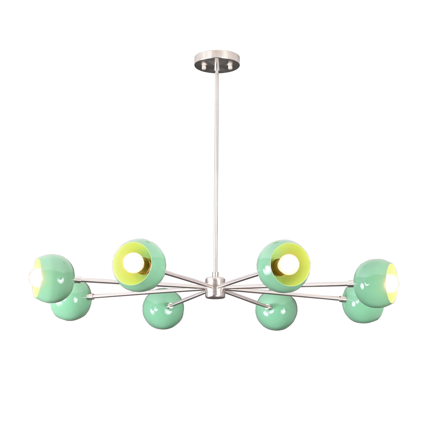 7 bowl green sputnik chandelier shown in chrome finish with modern industrial styling and solid metal arms